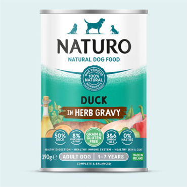 Naturo ΥΓΡΗ ΤΡΟΦΗ ΣΚΥΛΟΥ Grain Free με Πάπια, Λαχανικά και Φρούτα 390gr